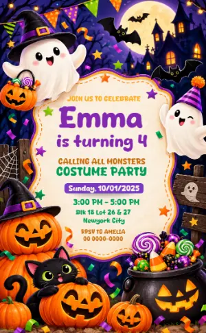 Cute Ghost Halloween Birthday Invitation Editable Template