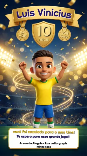 Convite Animado Aniversário Futebol 3D Jogador Editável