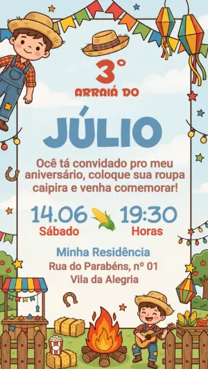 Convite de Aniversário Festa Junina Arraiá Infantil Editável