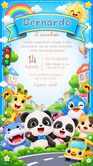Convite de Aniversário Bebê Panda e Ônibus Escolar Editável