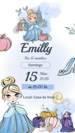 Convite de Aniversário Cinderela Aquarela para Editar