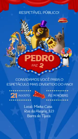Convite de Aniversário Circo Madagascar Digital para Editar