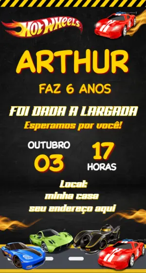 Convite de Aniversário Hot Wheels Carros para Editar