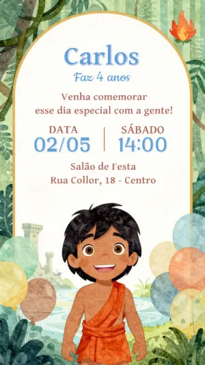 Convite de Aniversário Infantil Selva Mogli Editável