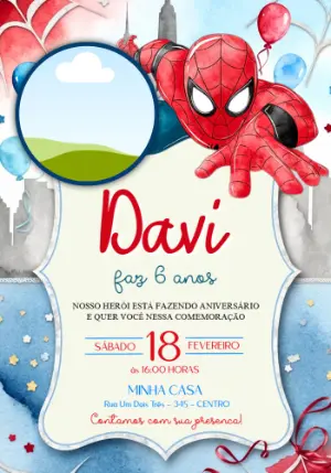 Convite Aniversário Homem-Aranha Aquarela com Foto Editável