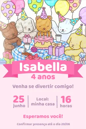 Convite de Aniversário Fofo com Bichinhos para Editar Online