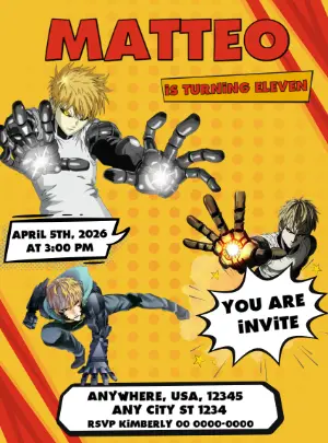 One-Punch Man Genos Birthday Invitation Editable Template