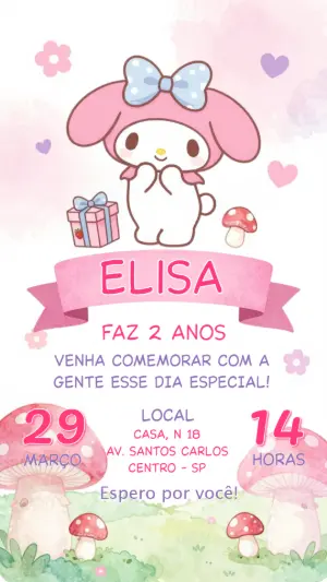 Convite de Aniversário My Melody Rosa Editável