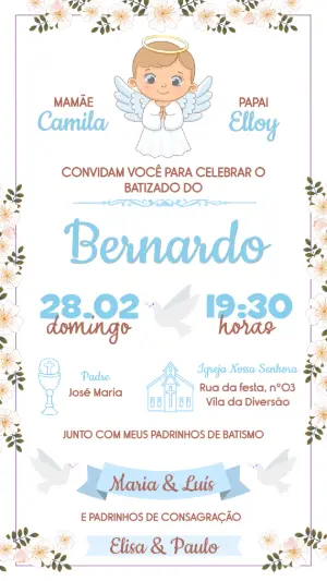 Convite Digital Batizado Menino Anjo Delicado Editável