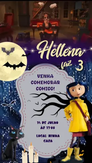 Convite Animado Aniversário Coraline para Editar Online