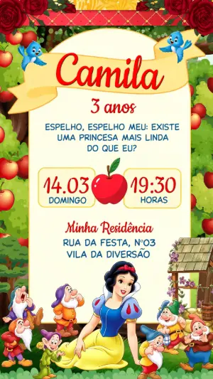 Convite Editável Branca de Neve para Aniversário de Princesa