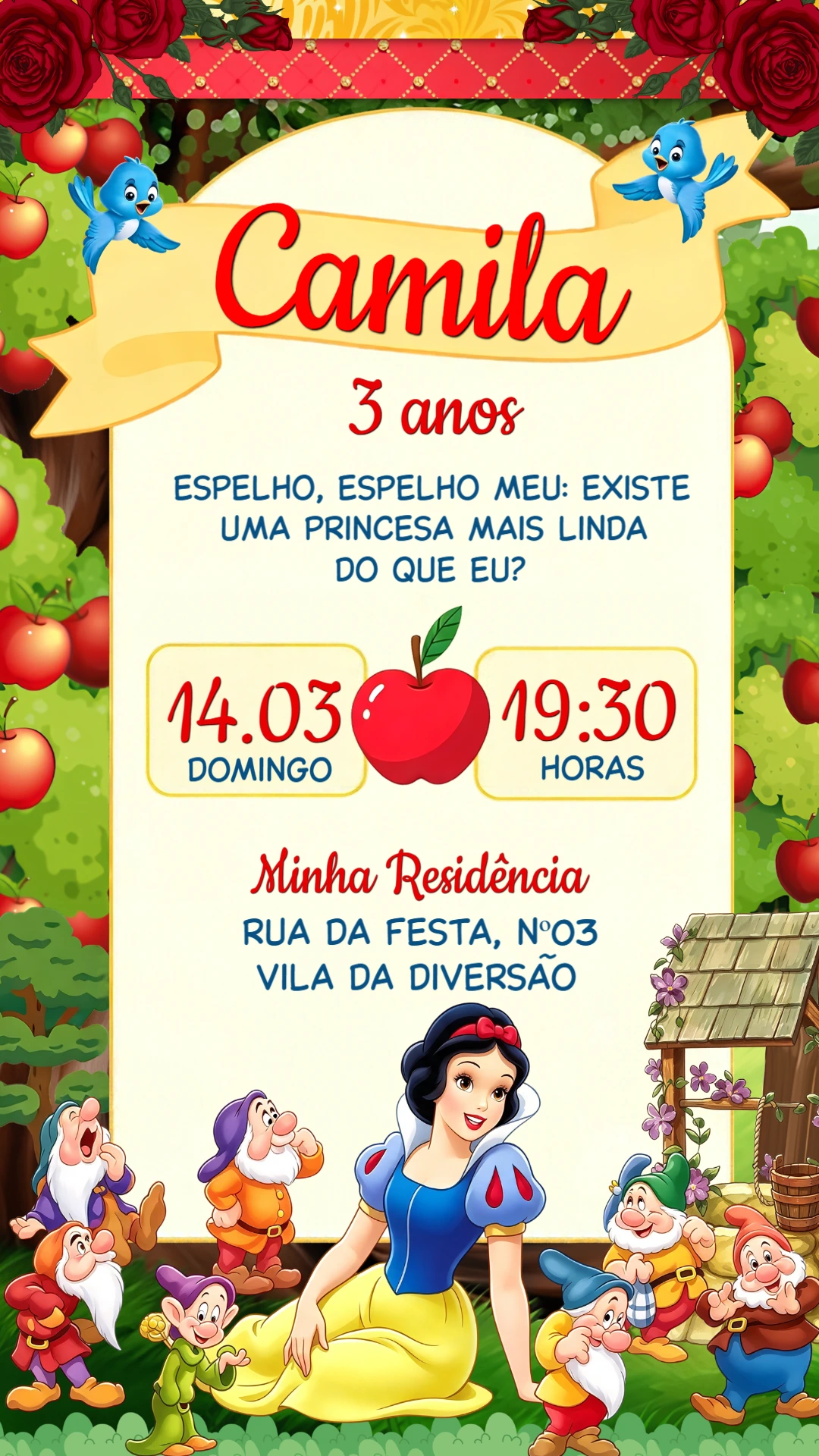 Convite Editável Branca de Neve para Aniversário de Princesa Convite Editável Branca de Neve para Aniversário de Princesa