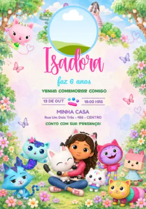 Convite A Casa Mágica da Gabby no Jardim Mágico com Foto Editável