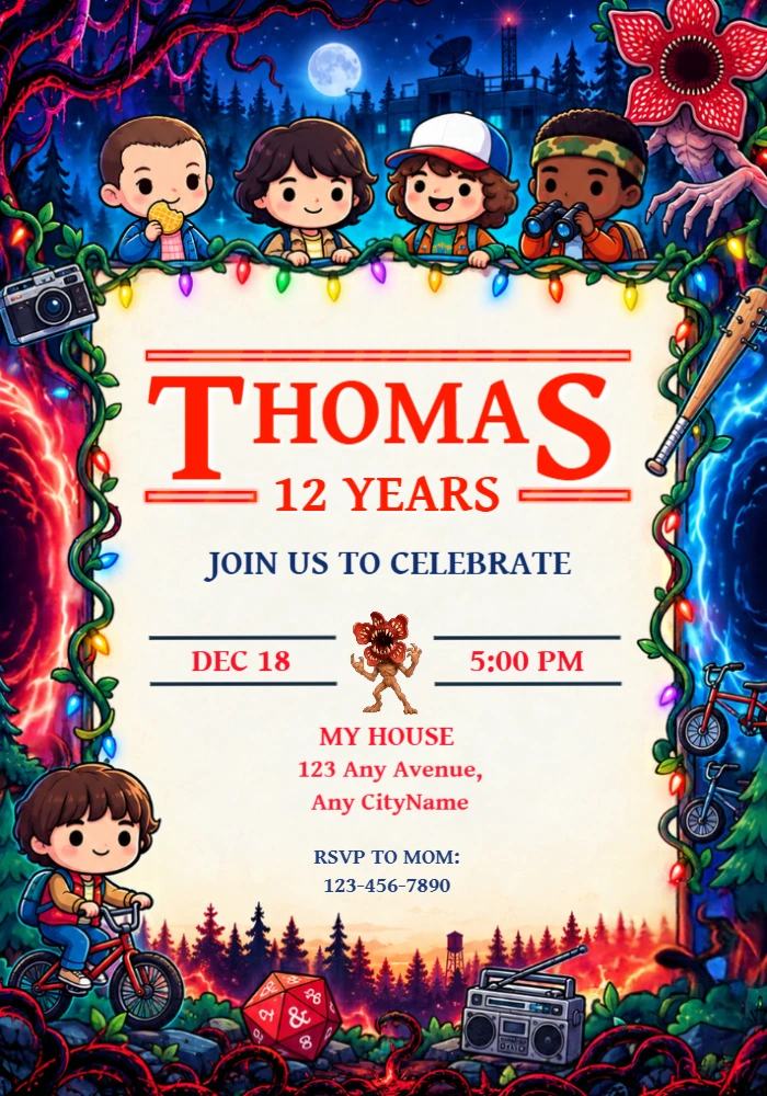 Editable Stranger Things Chibi Birthday Invitation Editable Stranger Things Chibi Birthday Invitation