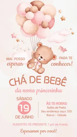 Convite Animado Chá de Bebê Ursinha Flutuando com Balões