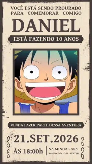 Convite Animado Aniversário One Piece Wanted Editável