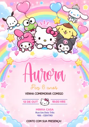Convite de Aniversário Hello Kitty e Amigos Editável