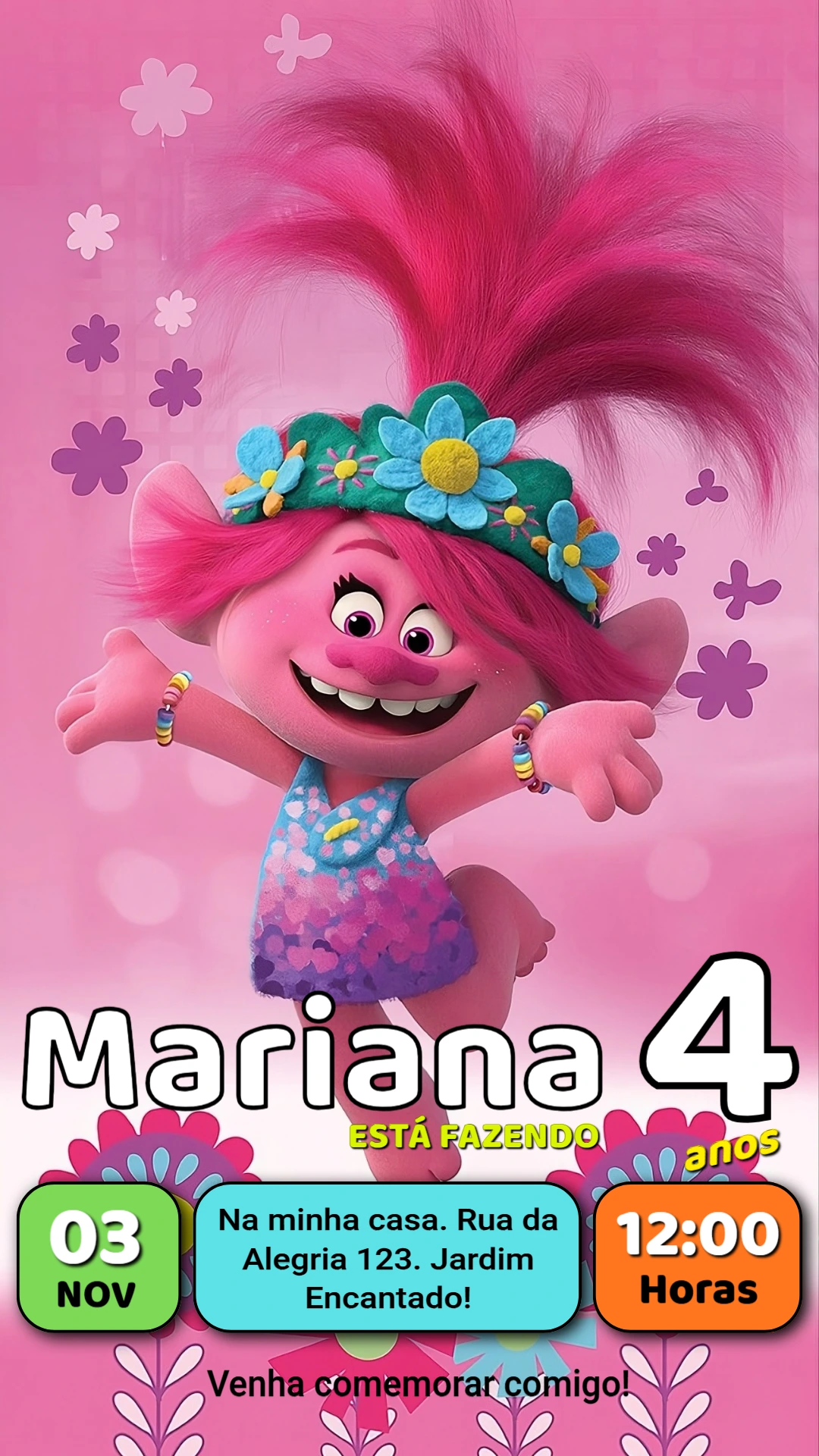 Convite Editável de Aniversário Trolls com a Poppy Convite Editável de Aniversário Trolls com a Poppy