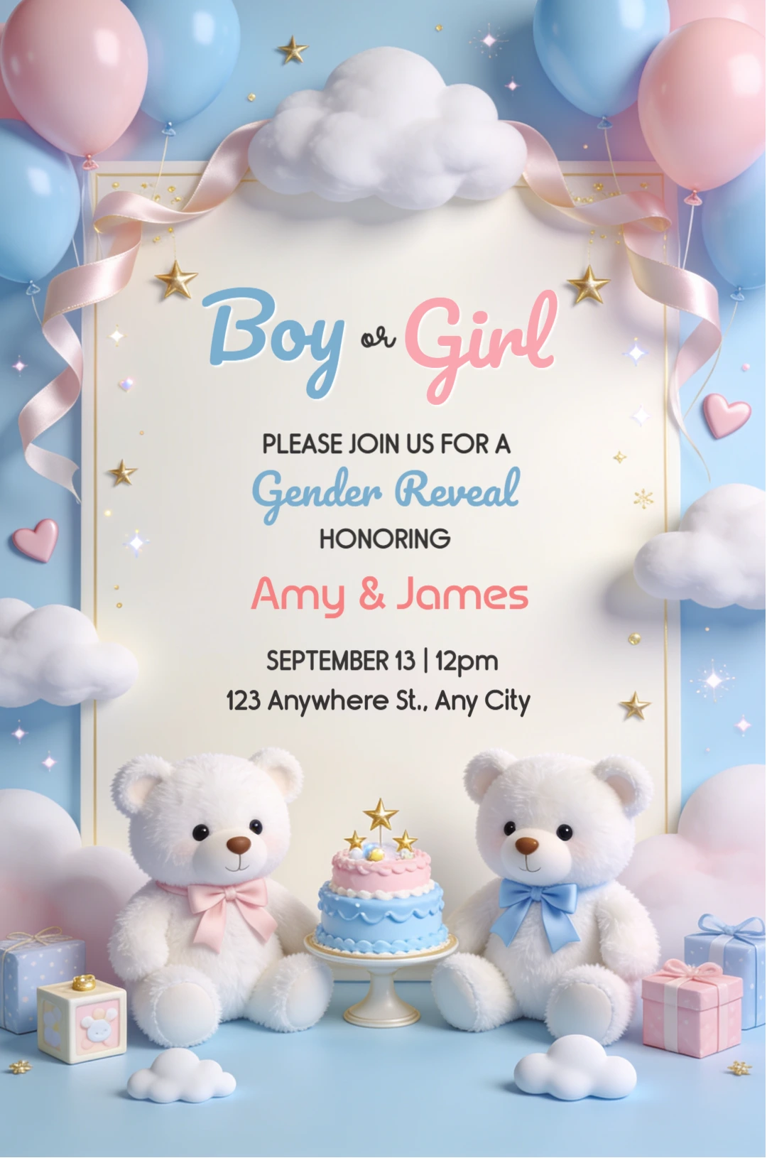 Cute Teddy Bear Gender Reveal Invitation Editable Template Cute Teddy Bear Gender Reveal Invitation Editable Template