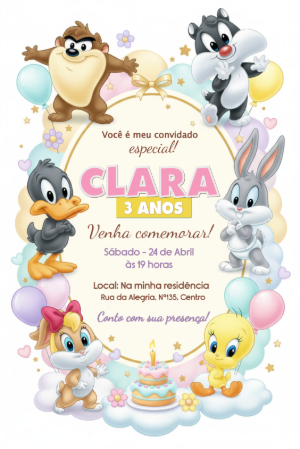 Convite Editável Aniversário Baby Looney Tunes Infantil