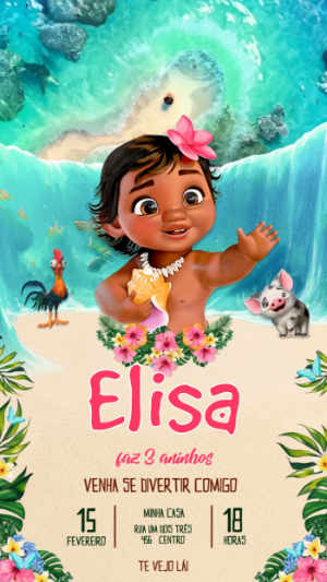 Vídeo Convite Animado Moana Baby para Aniversário Editável