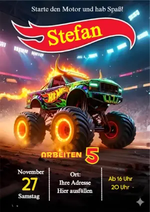 Hot Wheels Monster Truck Geburtstagseinladung zum Bearbeiten