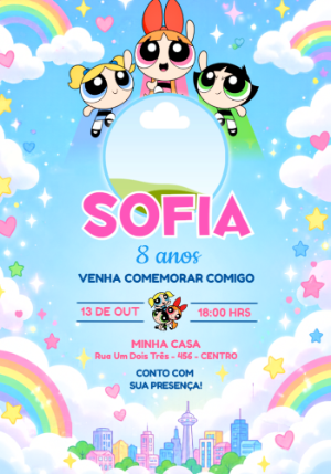 Convite de Aniversário Meninas Super Poderosas com Foto Editável