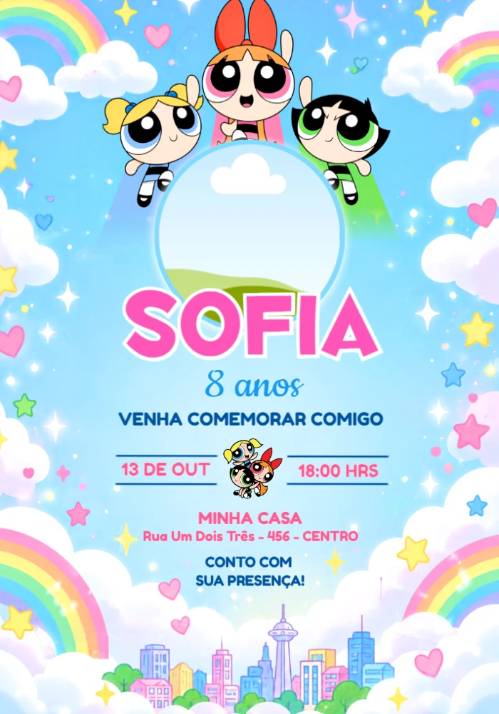 Convite de Aniversário Meninas Super Poderosas com Foto Editável Convite de Aniversário Meninas Super Poderosas com Foto Editável