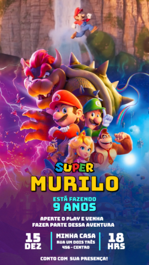 Convite Animado Super Mario Bros: Vídeo de Aniversário Editável