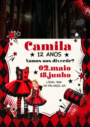 Convite Animado Arlequina: Vídeo de Aniversário Editável
