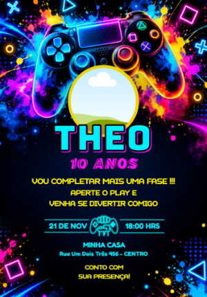 Convite de Aniversário Gamer com Foto para Editar