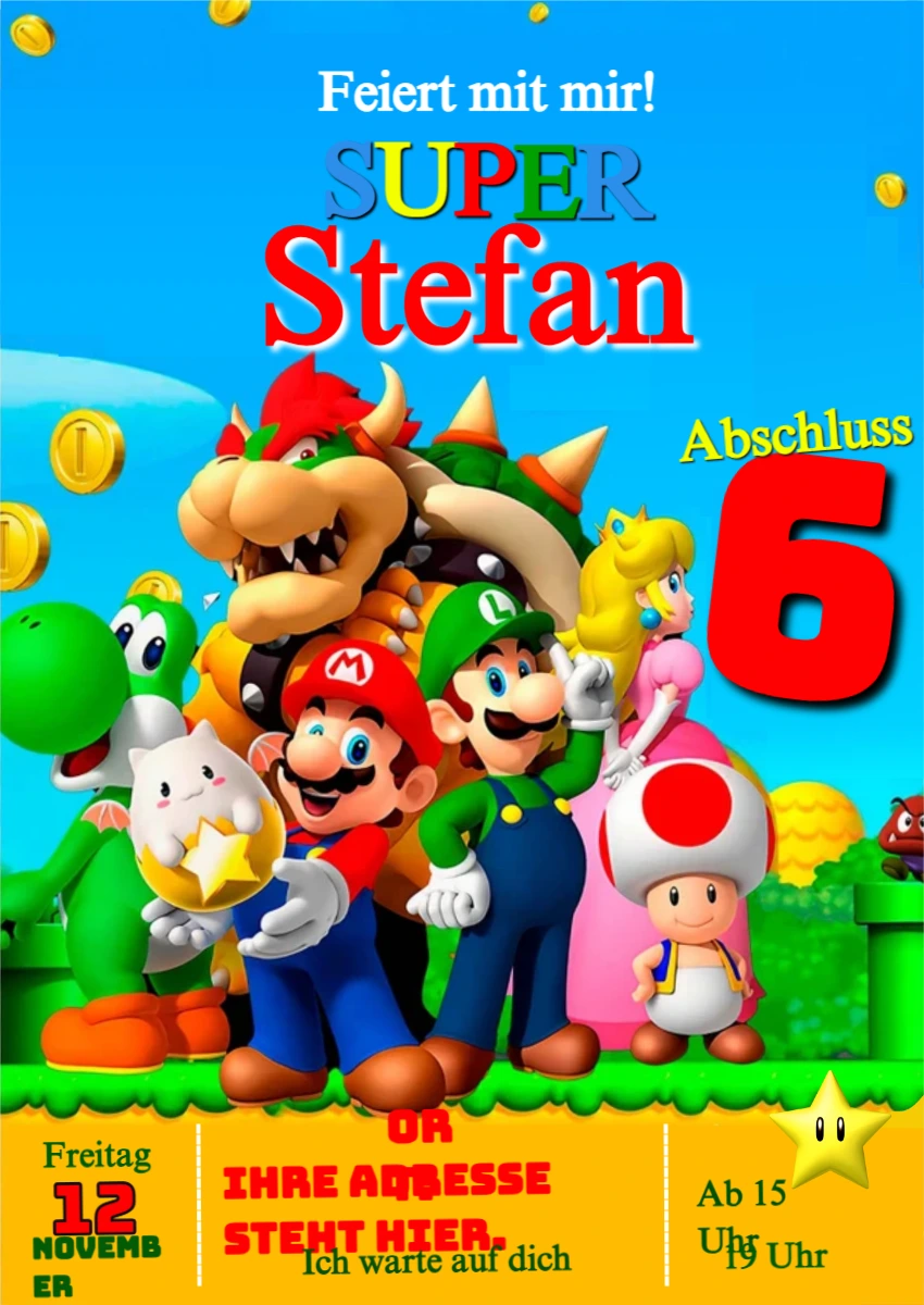Super Mario Geburtstagseinladung | Digitale Vorlage zum Bearbeiten Super Mario Geburtstagseinladung | Digitale Vorlage zum Bearbeiten