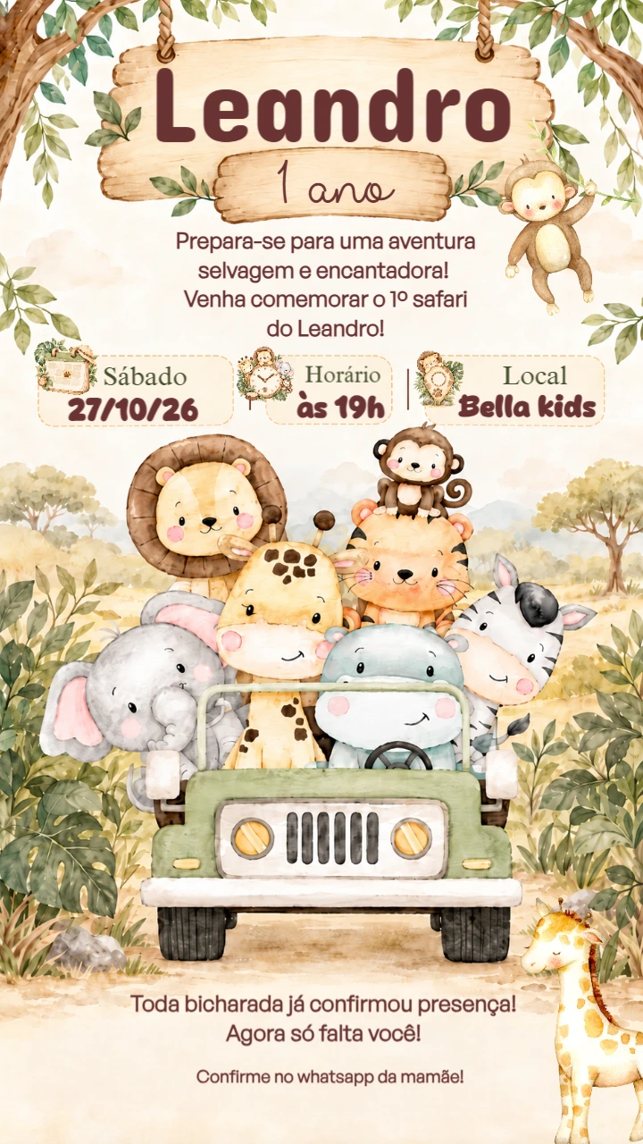 Convite Safari Menino Editável para Aniversário Convite Safari Menino Editável para Aniversário