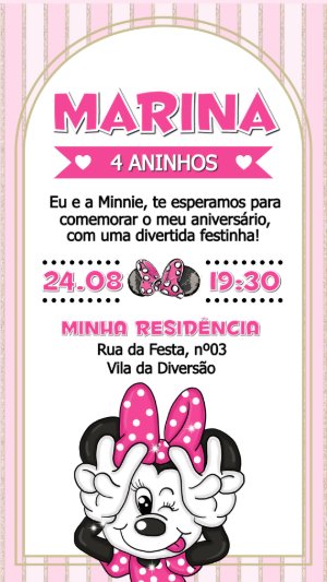 Convite de Aniversário Minnie Rosa Editável para Menina