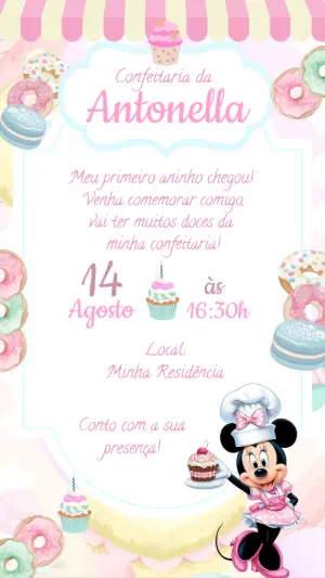 Convite de Aniversário Minnie Confeiteira Editável