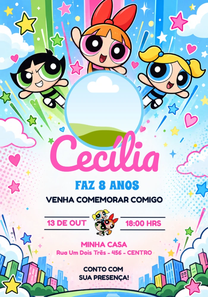 Convite Meninas Superpoderosas com Foto para Editar Convite Meninas Superpoderosas com Foto para Editar
