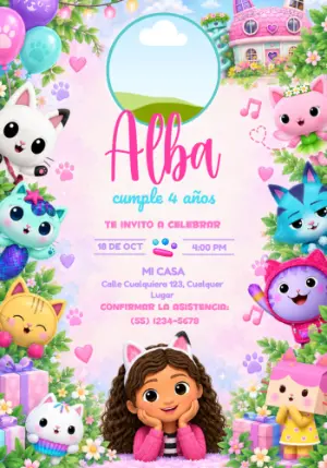 Invitación de Cumpleaños La Casa Mágica de Gabby con Foto Editable