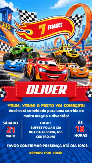 Convite de Aniversário Carros de Corrida Editável para Menino