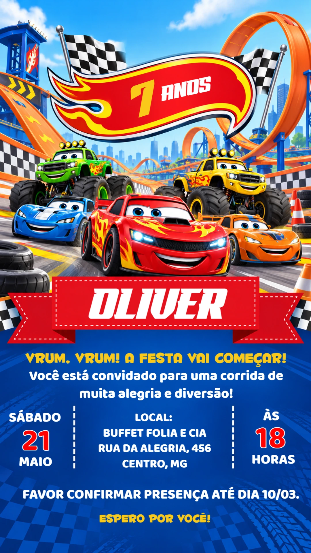 Convite de Aniversário Carros de Corrida Editável para Menino Convite de Aniversário Carros de Corrida Editável para Menino