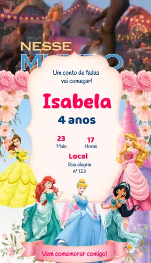 Convite Animado de Aniversário Tema Princesas para Editar