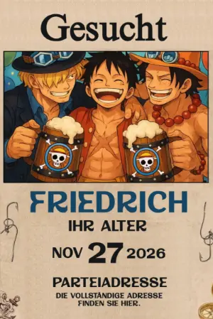One Piece Steckbrief Geburtstagseinladung | Bearbeitbare Vorlage