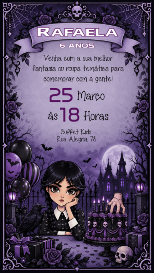 Convite Animado Wandinha: Aniversário Gótico Roxo Editável
