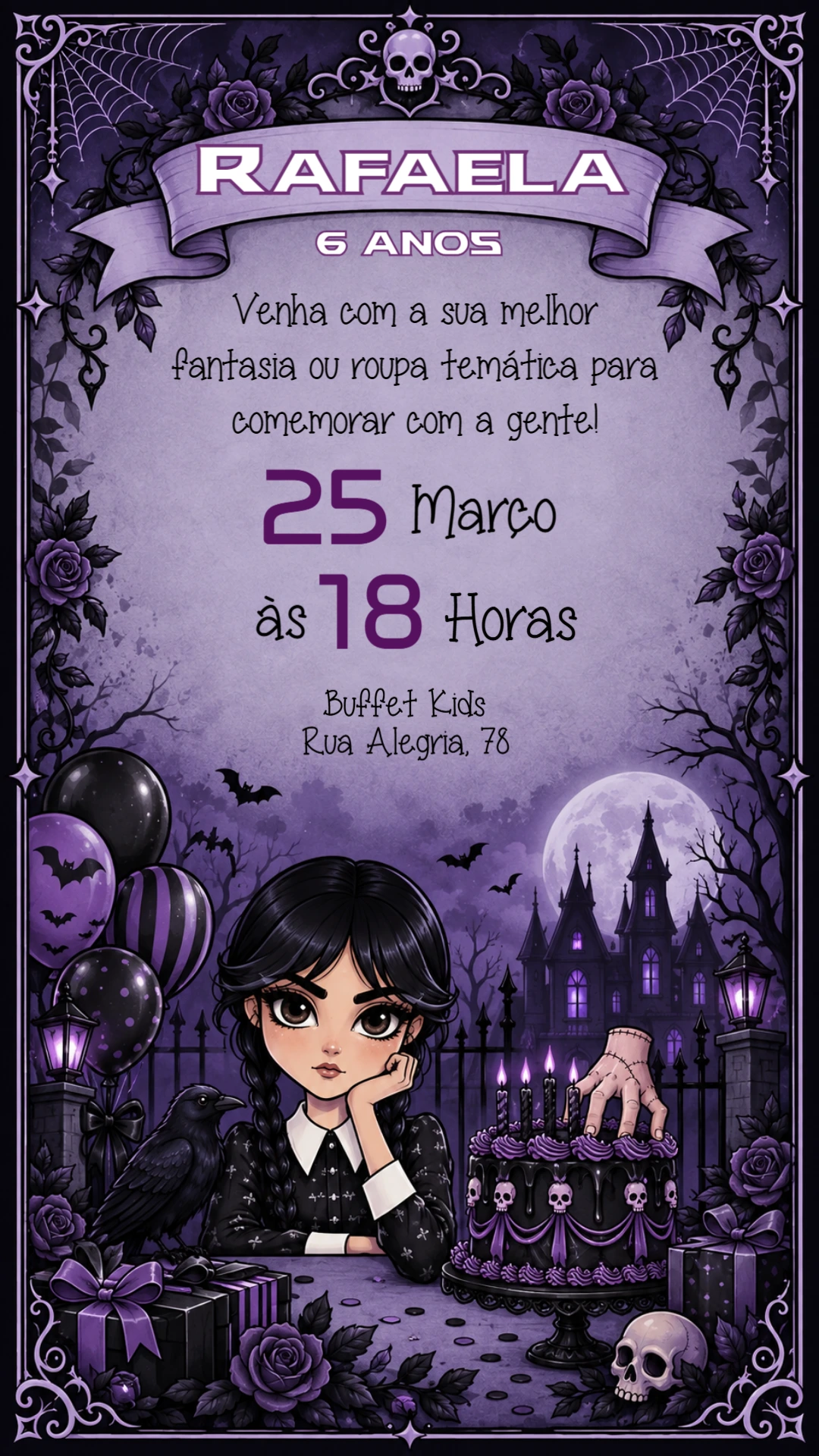 Convite Animado Wandinha: Aniversário Gótico Roxo Editável Convite Animado Wandinha: Aniversário Gótico Roxo Editável