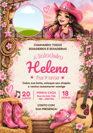 Convite de Aniversário Boiadeira Rosa com Foto para Editar Online