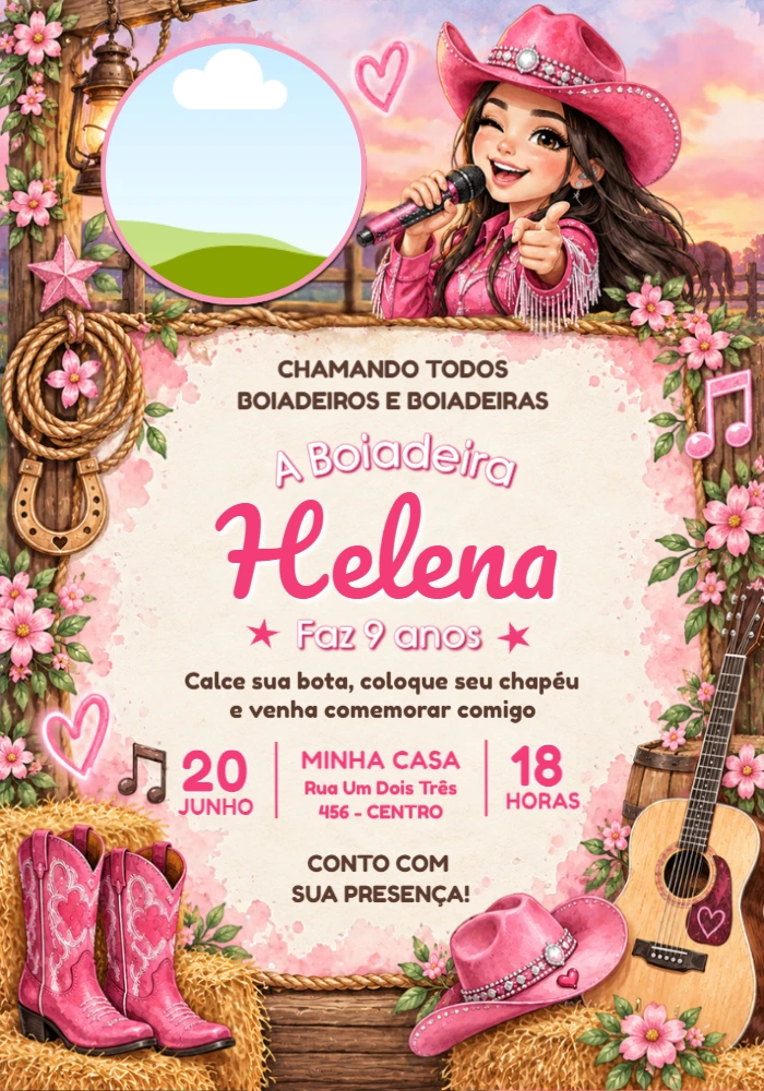 Convite de Aniversário Boiadeira Rosa com Foto para Editar Online Convite de Aniversário Boiadeira Rosa com Foto para Editar Online