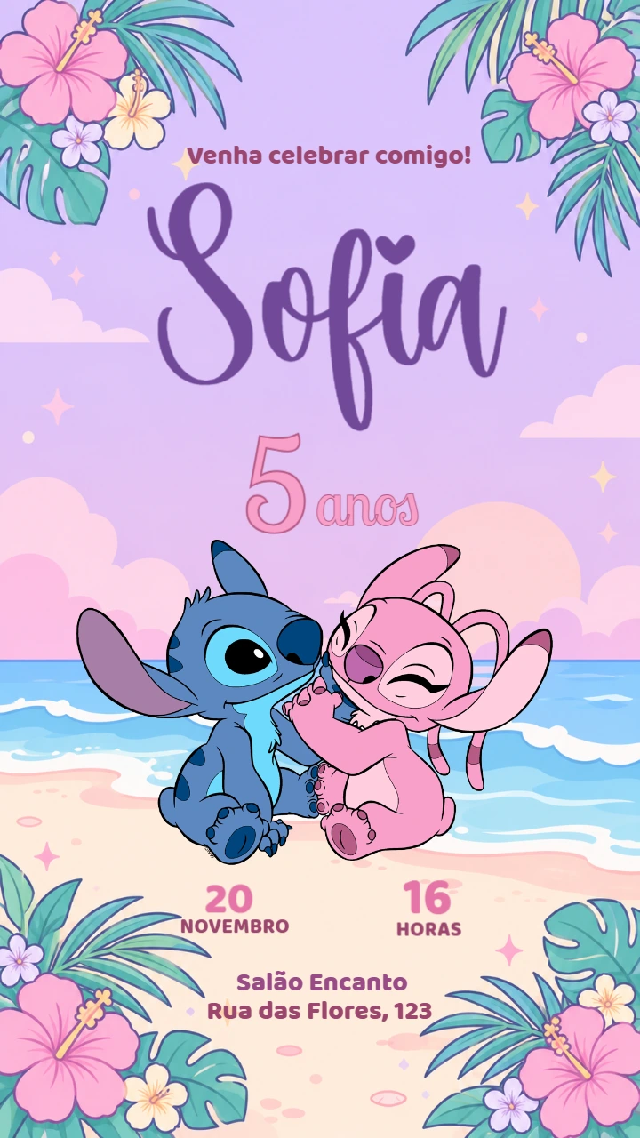 Convite de Aniversário Stitch e Angel na Praia para Editar Convite de Aniversário Stitch e Angel na Praia para Editar