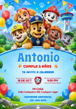 Invitación de Cumpleaños Patrulla Canina: Equipo Reunido Editable