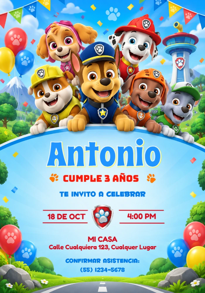Invitación de Cumpleaños Patrulla Canina: Equipo Reunido Editable Invitación de Cumpleaños Patrulla Canina: Equipo Reunido Editable