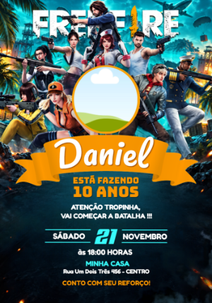 Convite de aniversário Free Fire com foto | Modelo editável