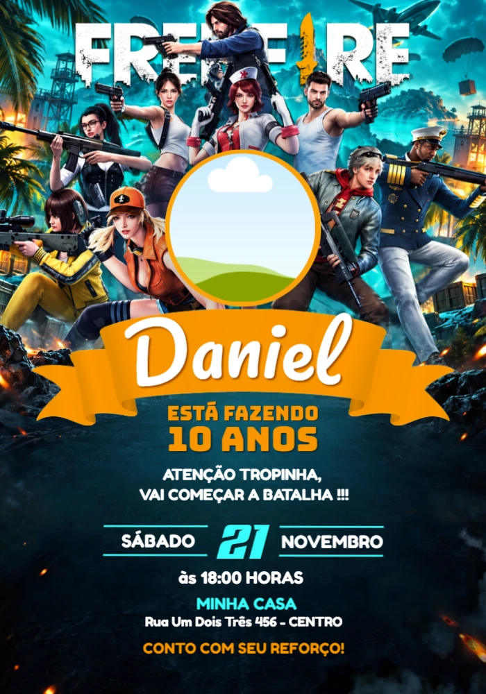 Convite de aniversário Free Fire com foto | Modelo editável Convite de aniversário Free Fire com foto | Modelo editável